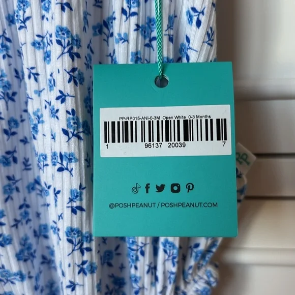 ❌SOLD❌ NWT Posh Peanut Baby Girl Blue & White Floral Ruffle Bubble Romper 0-3M - Picture 4 of 11